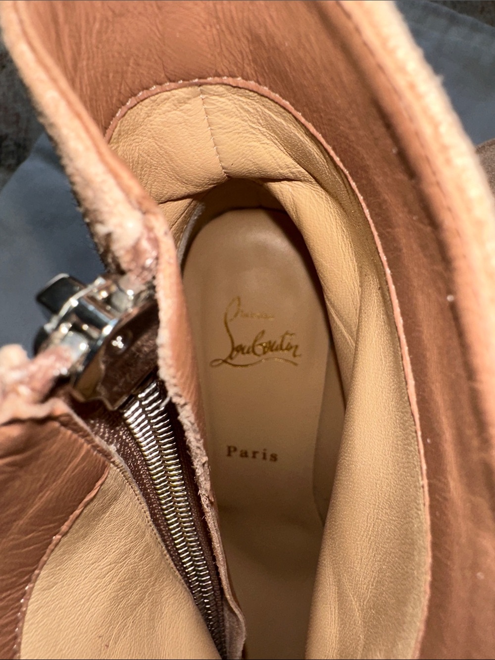 Christian Louboutin Tan Suede Ankle Booties with Signature Red Soles - Picture 12 of 13